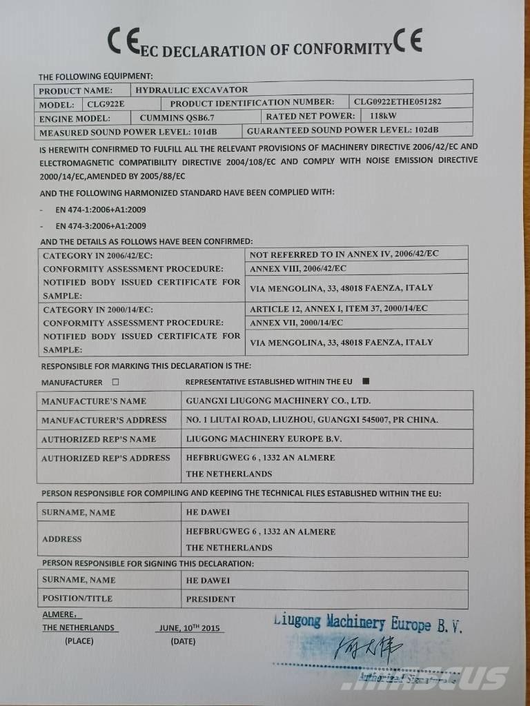 LiuGong CLG 922 E Pásové rýpadlá