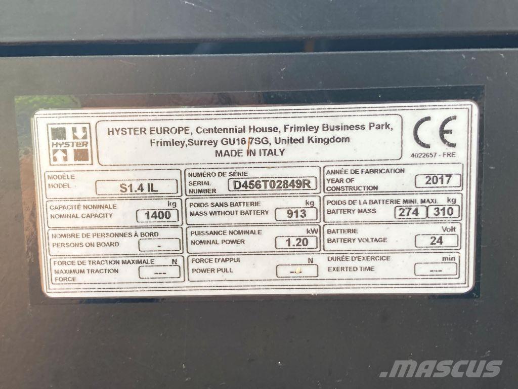 Hyster S 1.4 IL Ručne vedené vysokozdvižné vozíky