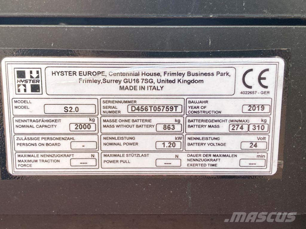 Hyster S 2.0 Ručne vedené vysokozdvižné vozíky