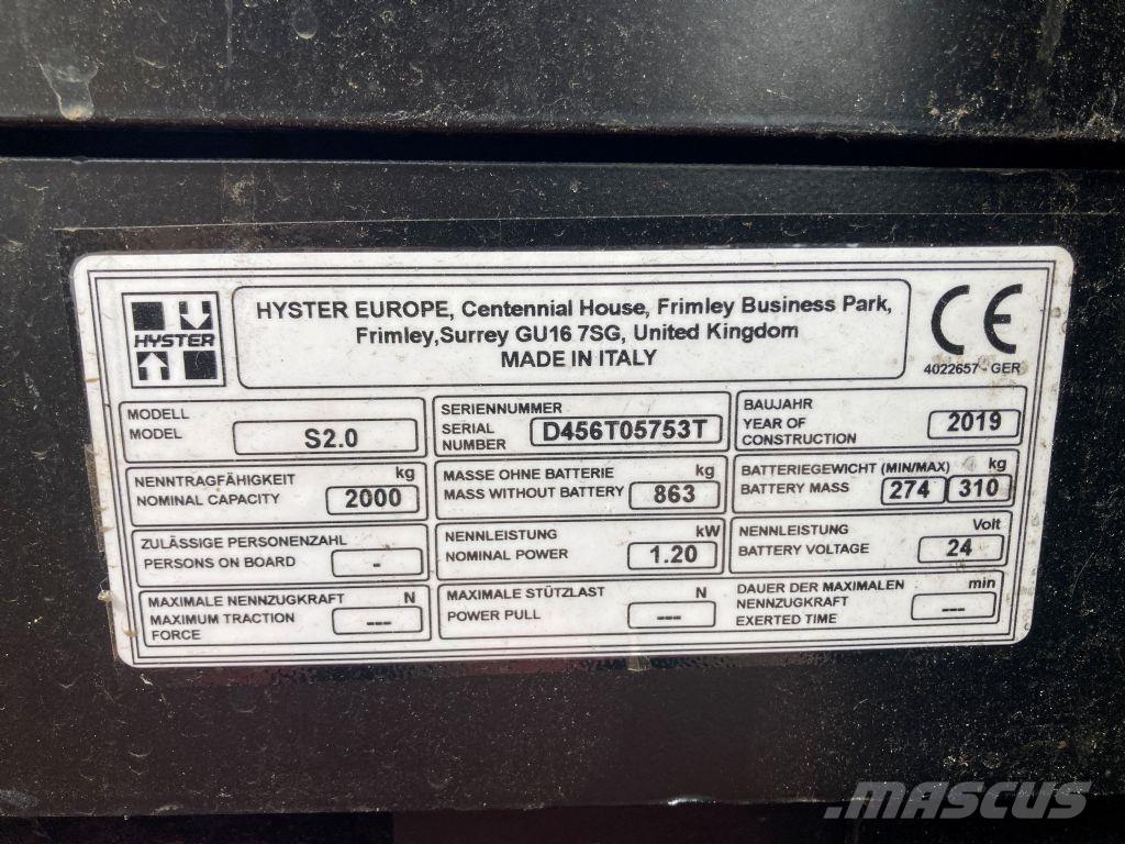 Hyster S 2.0 Ručne vedené vysokozdvižné vozíky