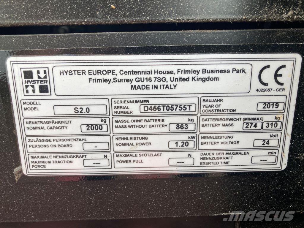 Hyster S 2.0 Ručne vedené vysokozdvižné vozíky