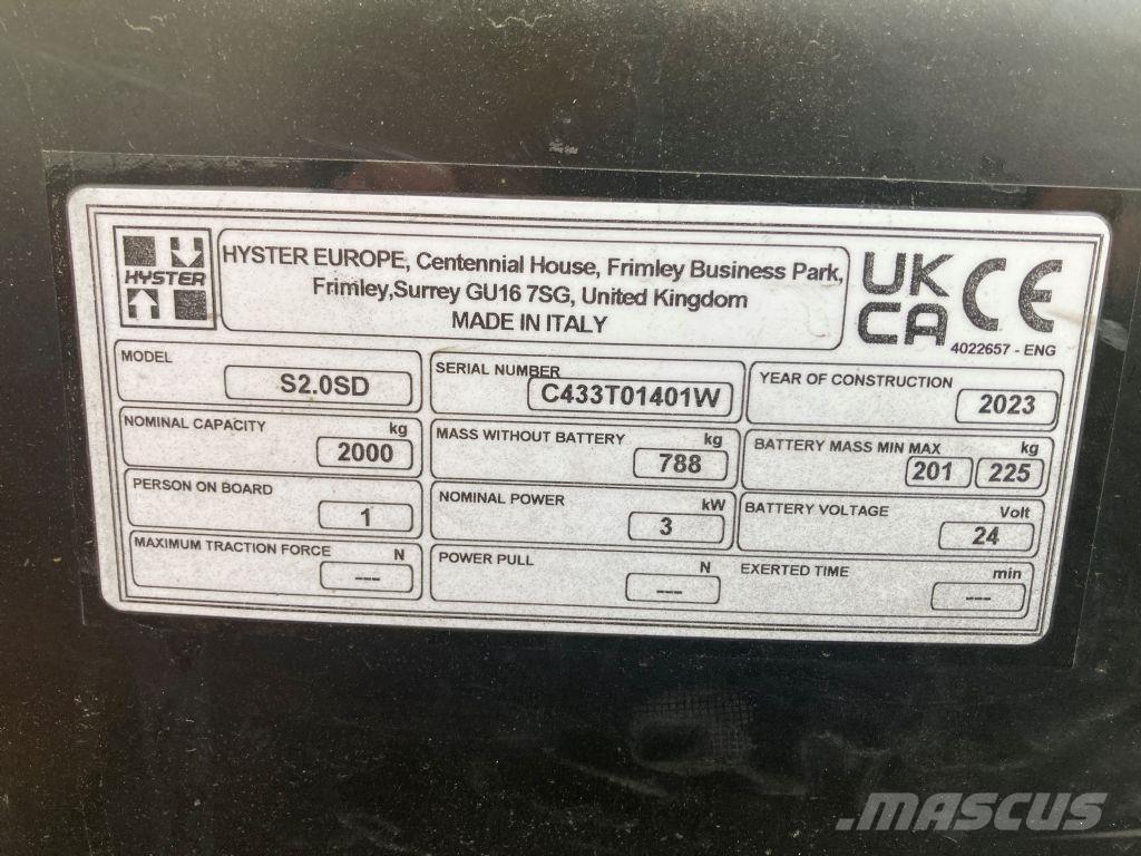 Hyster S 2.0SD Ručne vedené vysokozdvižné vozíky