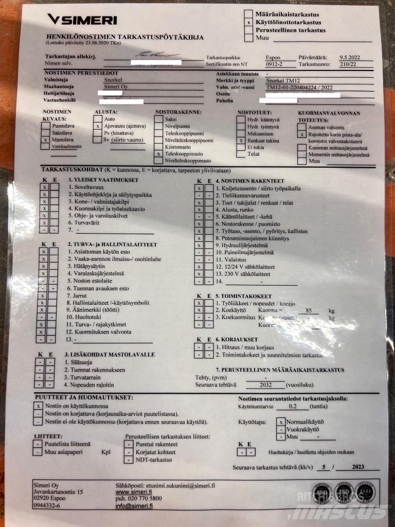 Snorkel TM 12 Vertikálne stĺpové výťahy
