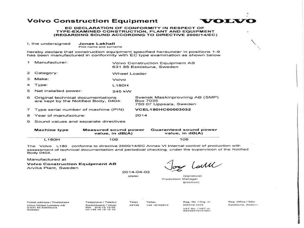 Volvo L180H Kolesové nakladače