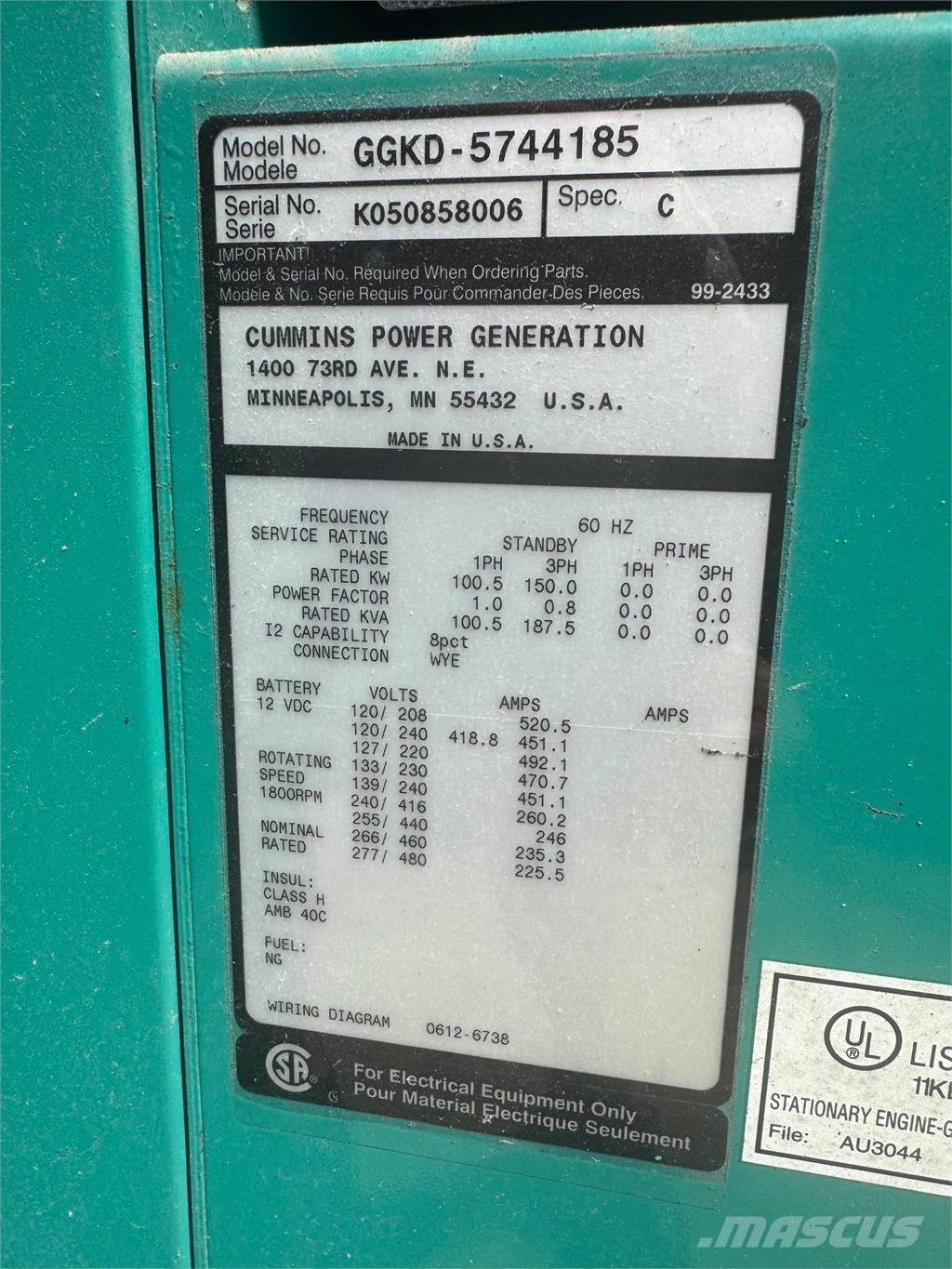 Cummins 150kW Plynové generátory