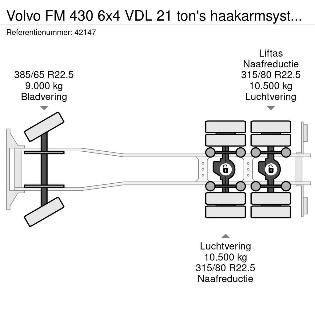 Volvo FM 430 6x4 VDL 21 ton's haakarmsysteem + Hefbare a Hákový nosič kontajnerov
