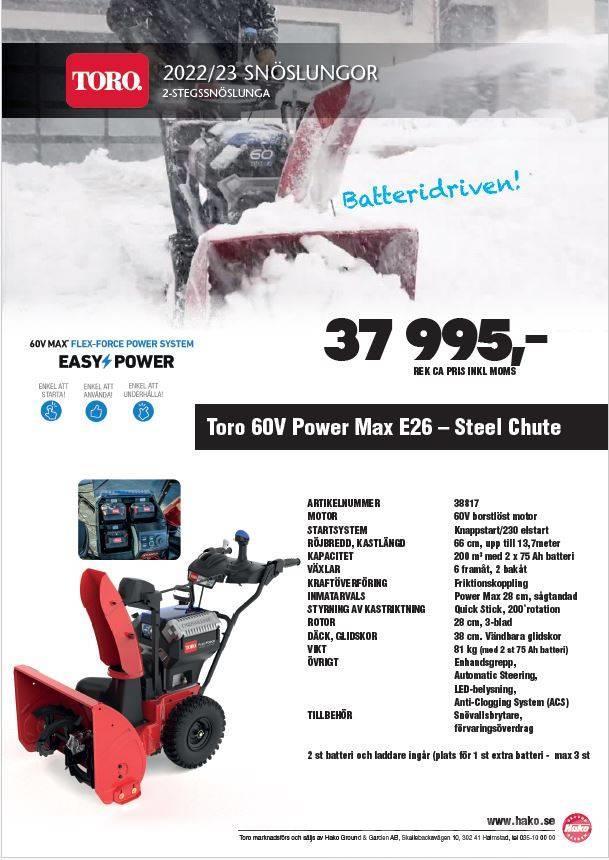Toro Power Max E26 Batteridriven 2-stegs snöslunga Snehové frézy